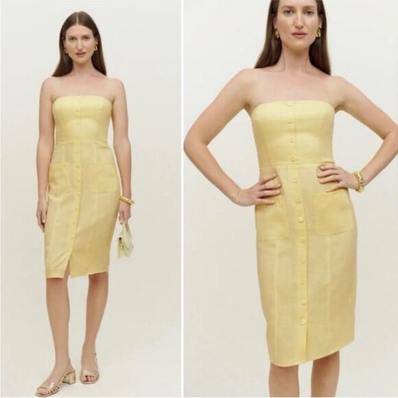 Reformation Prescott Linen Midi Strapless Dress Zest Yellow NWT 12 - Picture 2 of 6